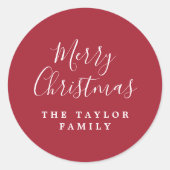 Minimalistisch donkerrood vrolijk kerstcadeau ronde sticker (Voorkant)