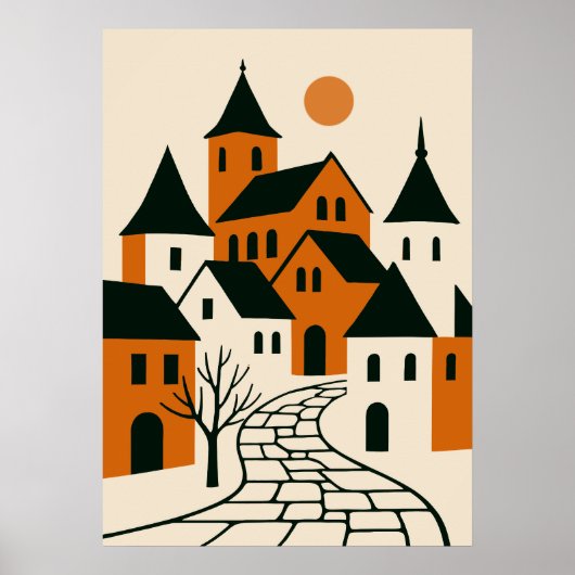 Minimalistisch dorp met geplaveide straat en zon poster (Voorkant)