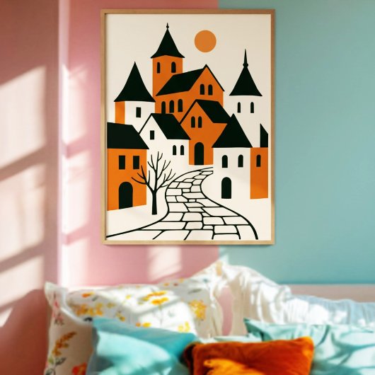 Minimalistisch dorp met geplaveide straat en zon poster