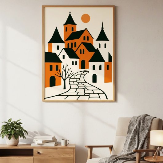 Minimalistisch dorp met geplaveide straat en zon poster
