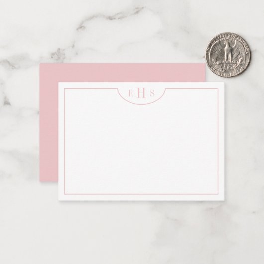 Minimalistisch drie monogram één rand | Blush Pink Notitiekaartje (Voorkant / Achterkant in situ)