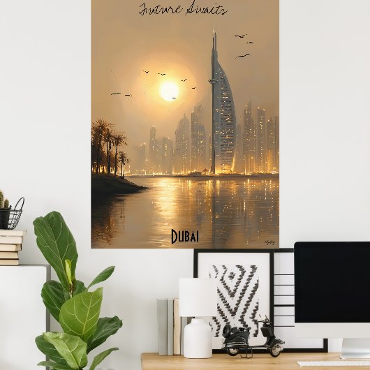 Minimalistisch Dubai Skyline Poster – Midden-Ooste (Thuiskantoor)