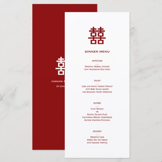 Minimalistisch dubbelgeluk Eenvoudig Chinees huwel Menu (Voorkant / Achterkant)