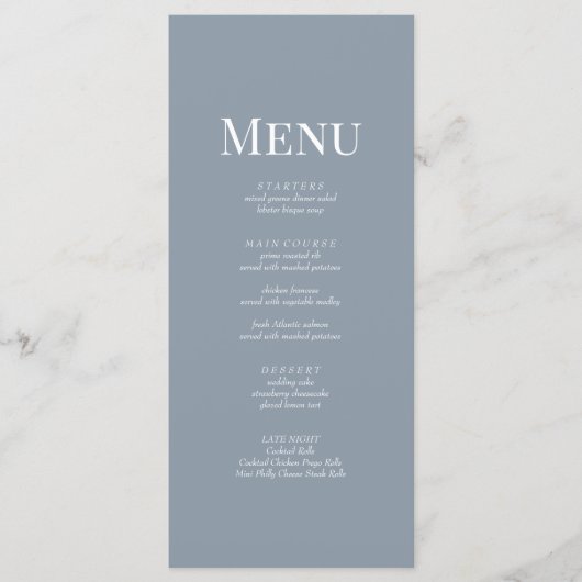 Minimalistisch Dusty Blue Monogram Bruiloft Menu K (Voorkant)