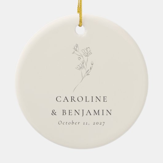 Minimalistisch Ecru Bloemenlijn Kunst Bruiloft Cus Keramisch Ornament (Achterkant)