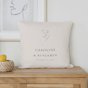 Minimalistisch Ecru Bloemenlijn Kunst Bruiloft Cus Kussen