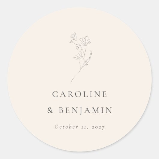 Minimalistisch Ecru Bloemenlijn Kunst Bruiloft Cus Ronde Sticker (Voorkant)