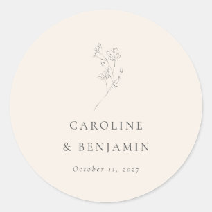 Minimalistisch Ecru Bloemenlijn Kunst Bruiloft Cus Ronde Sticker