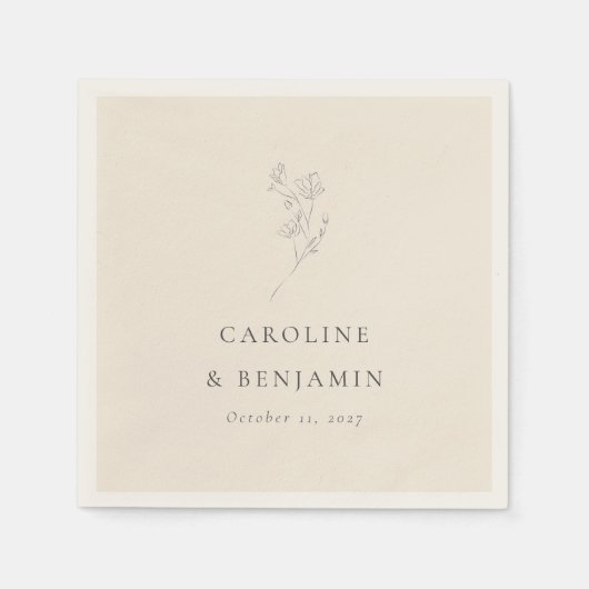 Minimalistisch Ecru Bloemenlijn Kunst Bruiloft Cus Servet (Voorkant)