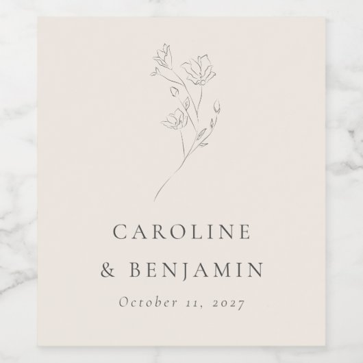 Minimalistisch Ecru Bloemenlijn Kunst Bruiloft Cus Wijn Etiket (Enkel label)