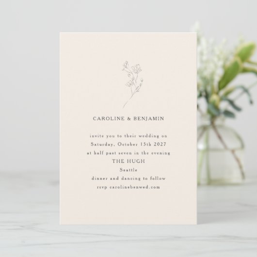 Minimalistisch Ecru Floral Line Art Elegant Weddin Kaart (Staand voorkant)