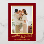 Minimalistisch één fotoscript Vrolijk kerstfeest Folie Feestdagenkaart<br><div class="desc">Modern,  elegant en minimalistisch design met één foto in een folie rechthoekig lijst met script "vrolijk kerstfeest" in variatie van vakantiejuweeltinten kleuren.</div>