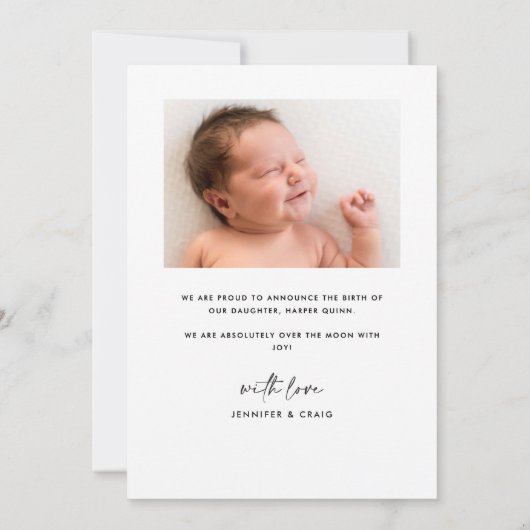 Minimalistisch eenvoudig chique script Welkom foto Aankondiging (Achterkant)