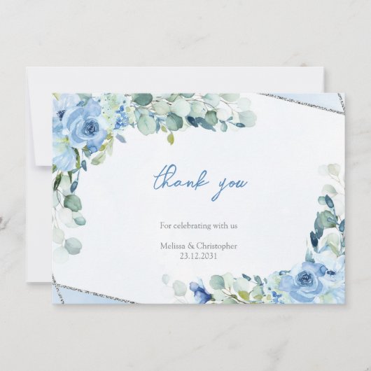 Minimalistisch eenvoudig Dusty Blue Floral Silver Bedankkaart (Voorkant)