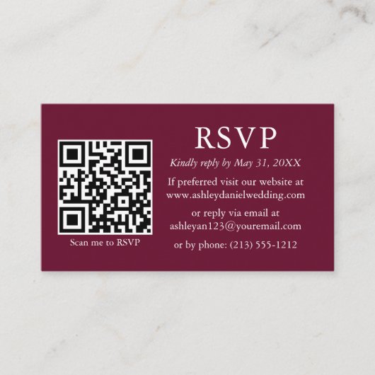 Minimalistisch eenvoudig fotohuwelijk QR Burgundy  Informatiekaartje (Voorkant)