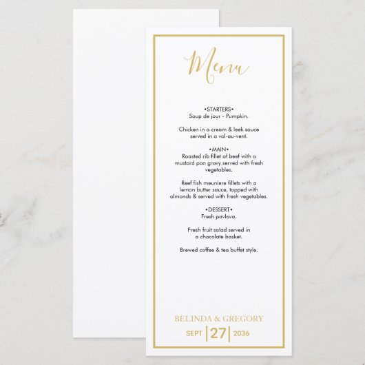 Minimalistisch Eenvoudig Gold Black en White Weddi Menu (Voorkant / Achterkant)