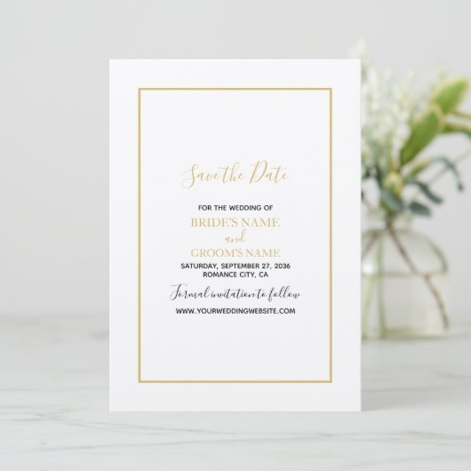 Minimalistisch Eenvoudig Gold Black en White Weddi Save The Date (Staand voorkant)