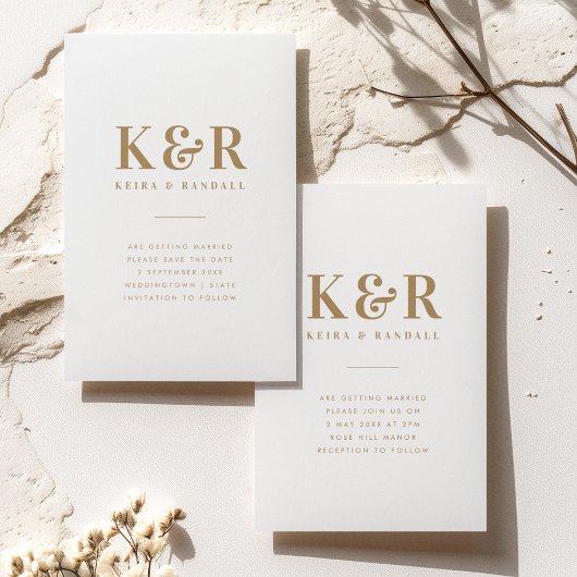 Minimalistisch Eenvoudig goud en wit dennengoed vo Save The Date