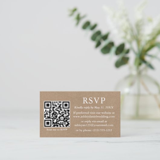 Minimalistisch Eenvoudig huwelijk QR Kraft RSVP Informatiekaartje (Staand voorkant)