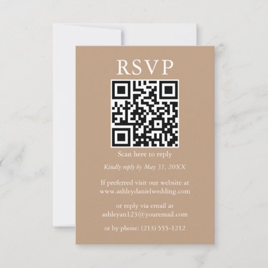 Minimalistisch Eenvoudig huwelijk QR RSVP Taupe Kaart (Voorkant)