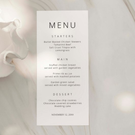Minimalistisch eenvoudig lettertype bruiloft menu 