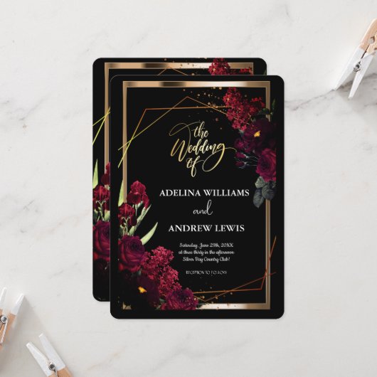 Minimalistisch Eenvoudig Rood Rose, Goud Lijst uit Kaart (Voorkant / Achterkant in situ)