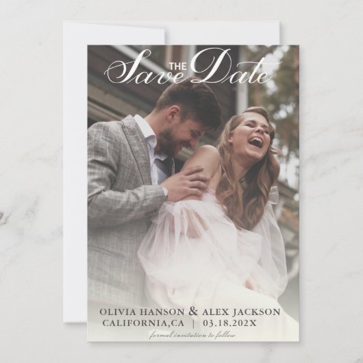 Minimalistisch Eenvoudig Script Foto Zwart Bruilof Save The Date (Voorkant)