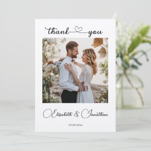 Minimalistisch Eenvoudig Script Hart 2 Fotobruilof Bedankkaart (Staand voorkant)