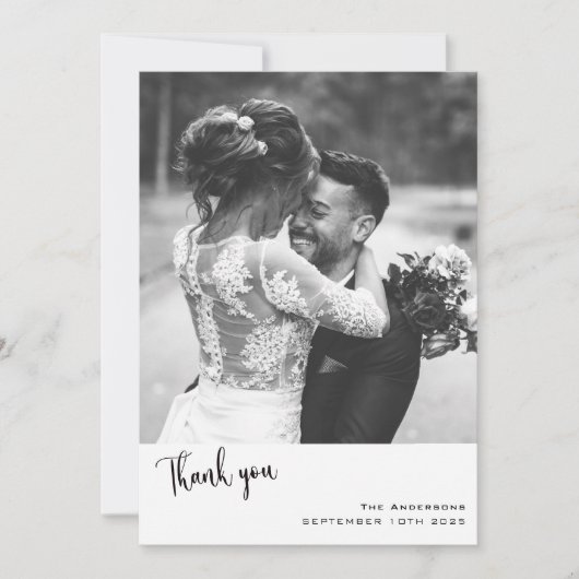 Minimalistisch eenvoudig script met bruiloft foto bedankkaart (Voorkant)