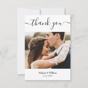 Minimalistisch eenvoudig script met bruiloft foto bedankkaart
