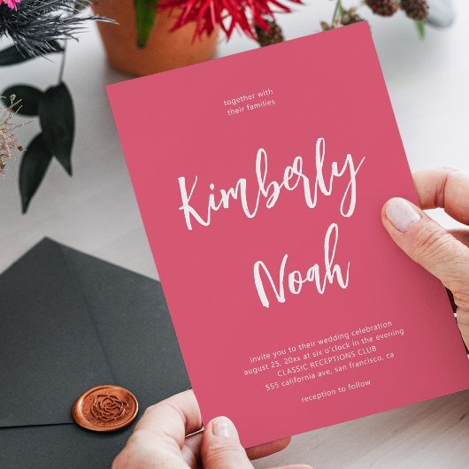 Minimalistisch eenvoudig script roze bruiloft kaart