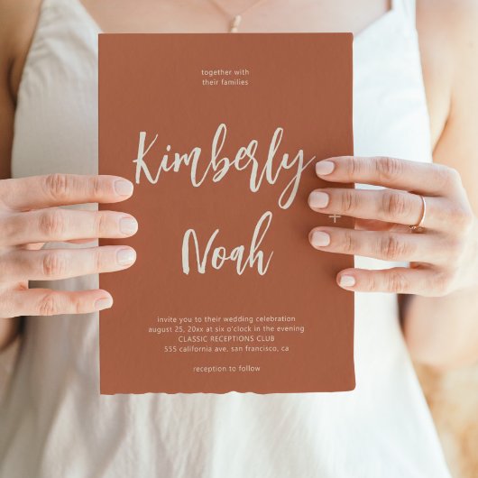 Minimalistisch eenvoudig script terracotta bruilof kaart