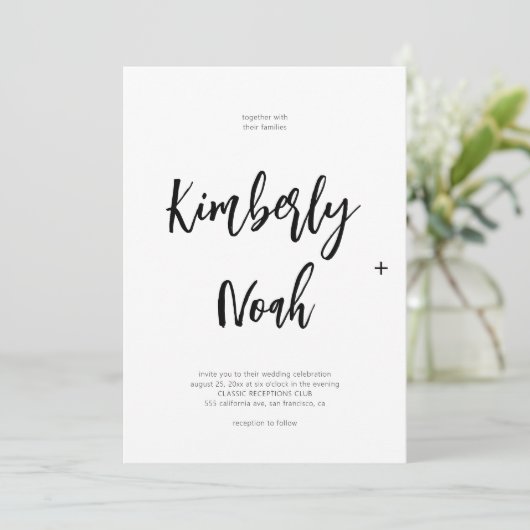 Minimalistisch eenvoudig script zwart-wit bruiloft kaart (Staand voorkant)