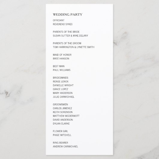 Minimalistisch eenvoudig zwart en wit modern huwel programmakaart (Achterkant)