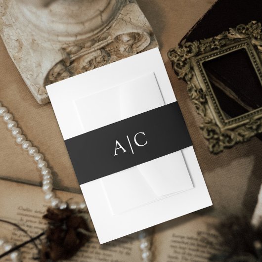 Minimalistisch eenvoudig zwart monogram bruiloft uitnodigingen wikkel