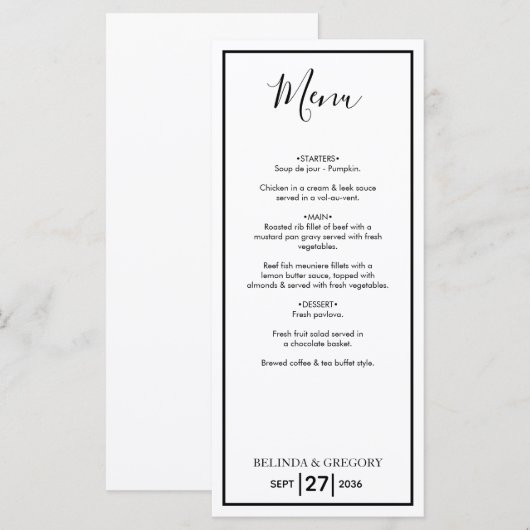 Minimalistisch eenvoudig zwart-wit huwelijk menu (Voorkant / Achterkant)
