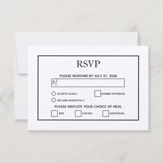 Minimalistisch eenvoudig zwart-wit huwelijk RSVP kaartje (Voorkant)
