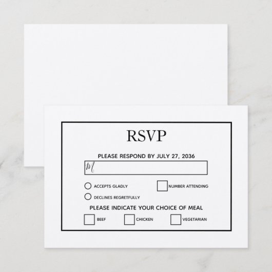 Minimalistisch eenvoudig zwart-wit huwelijk RSVP kaartje (Voorkant / Achterkant)