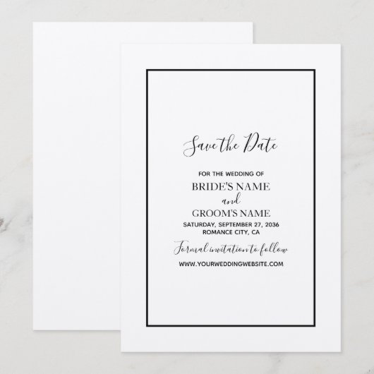 Minimalistisch eenvoudig zwart-wit huwelijk save the date (Voorkant / Achterkant)