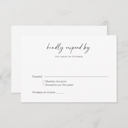 Minimalistisch eenvoudig zwart-wit, modern script RSVP kaartje (Voorkant / Achterkant)