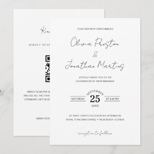 Minimalistisch Eenvoudig Zwart Wit QR Code RSVP We Kaart (Voorkant / Achterkant)