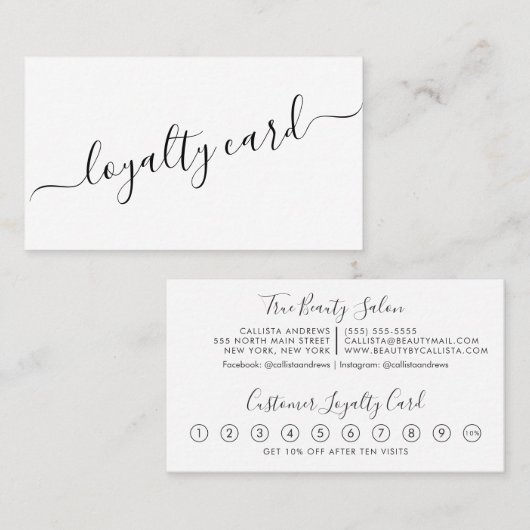 Minimalistisch eenvoudig zwart wit script loyalite klantenkaartje (Voorkant / Achterkant)