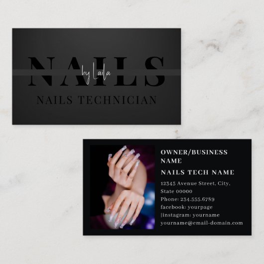 Minimalistisch eenvoudig zwart wit script nagels visitekaartje (Voorkant / Achterkant)