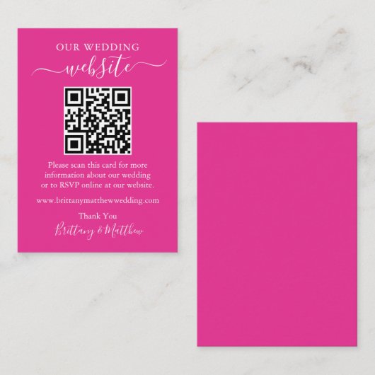 Minimalistisch eenvoudige bruiloft QR Hot Pink Informatiekaartje (Voorkant / Achterkant)