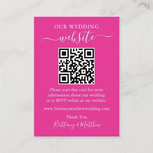 Minimalistisch eenvoudige bruiloft QR Hot Pink Informatiekaartje (Voorkant)
