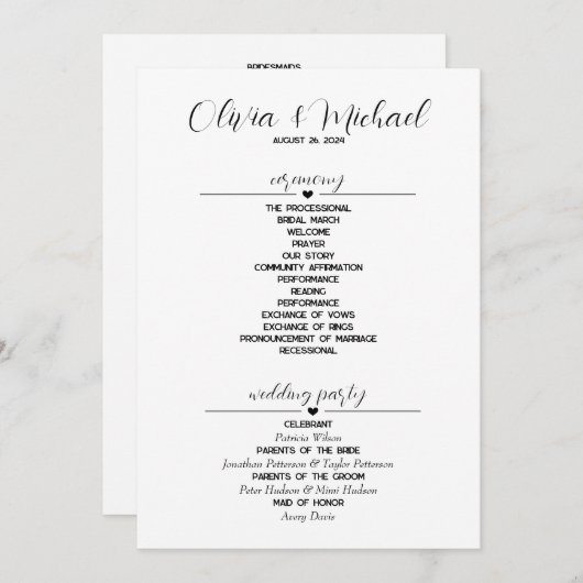Minimalistisch eenvoudige moderne bruiloft programmakaart (Voorkant / Achterkant)