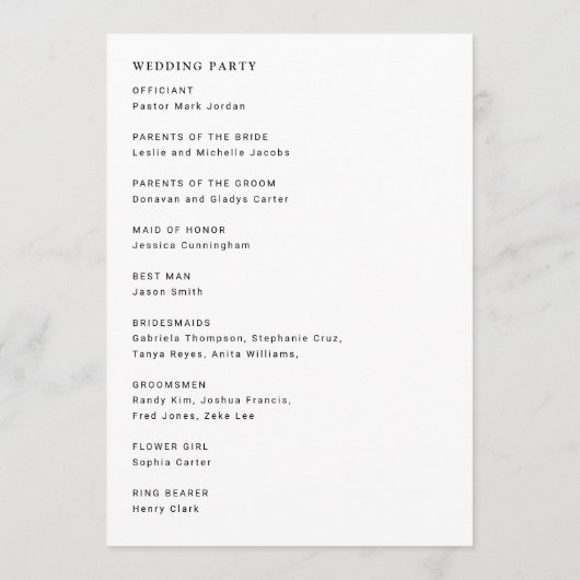 Minimalistisch eenvoudige moderne huwelijksceremon programmakaart (Achterkant)