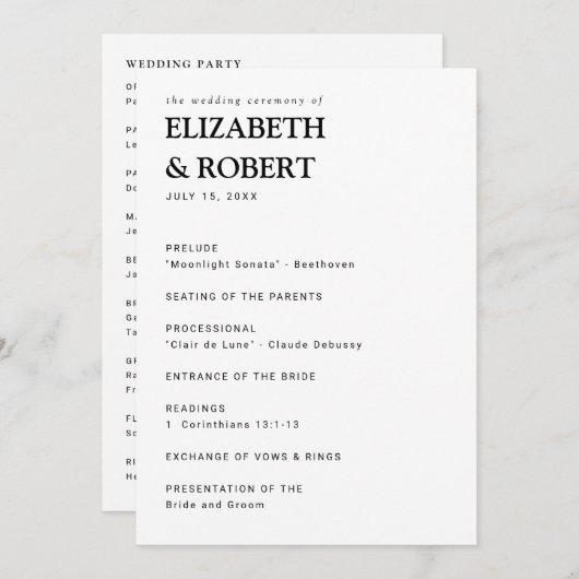 Minimalistisch eenvoudige moderne huwelijksceremon programmakaart (Voorkant / Achterkant)
