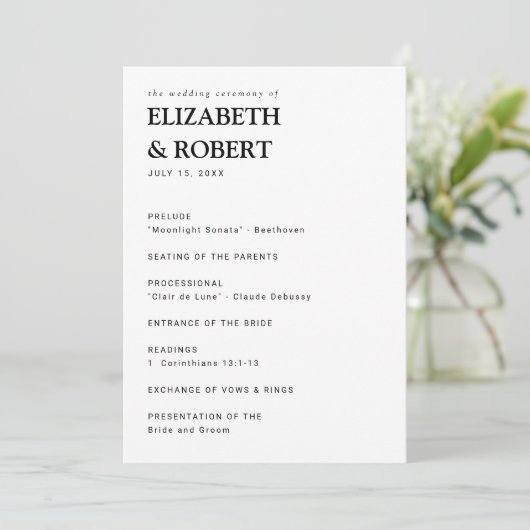 Minimalistisch eenvoudige moderne huwelijksceremon programmakaart (Staand voorkant)