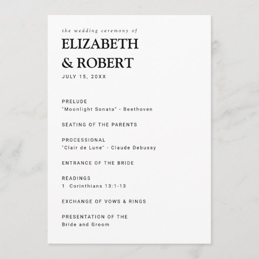 Minimalistisch eenvoudige moderne huwelijksceremon programmakaart (Voorkant)